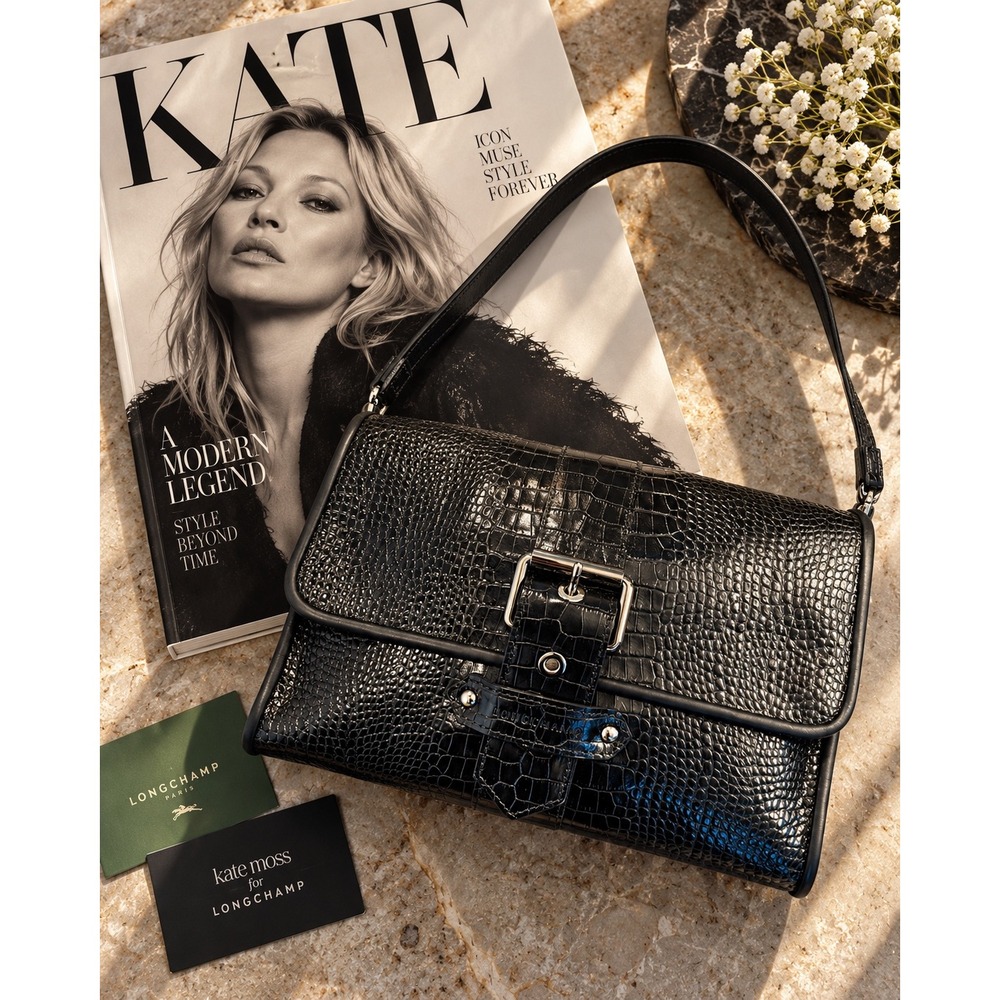 Longchamp Kate Moss Black Croc Embossed Leather Shoulder Bag Made in France Y2K
